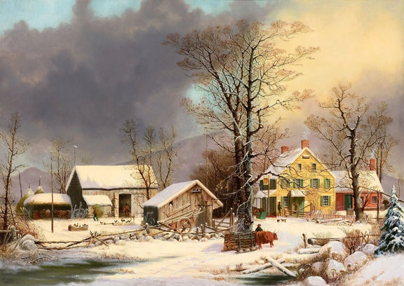 Landscape Oil Painting - Snowy Farm with Houses & Animals - Oil Painting Haven