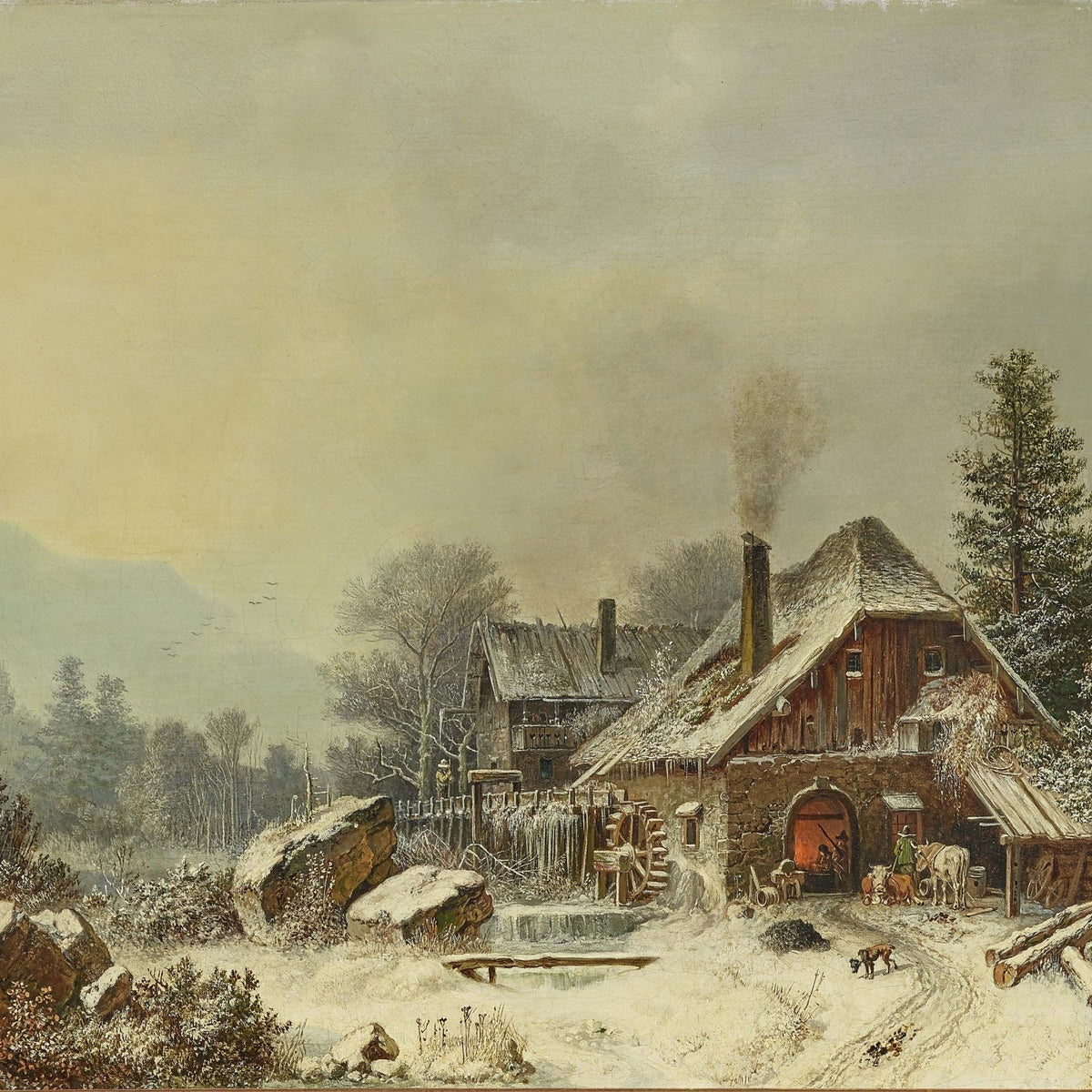 Hand-painted snowy farmhouse and watermill scene landscape oil painting on canvas