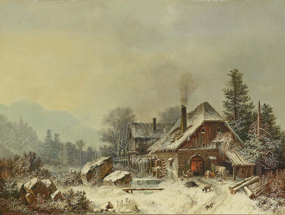 Hand-painted snowy farmhouse and watermill scene landscape oil painting on canvas