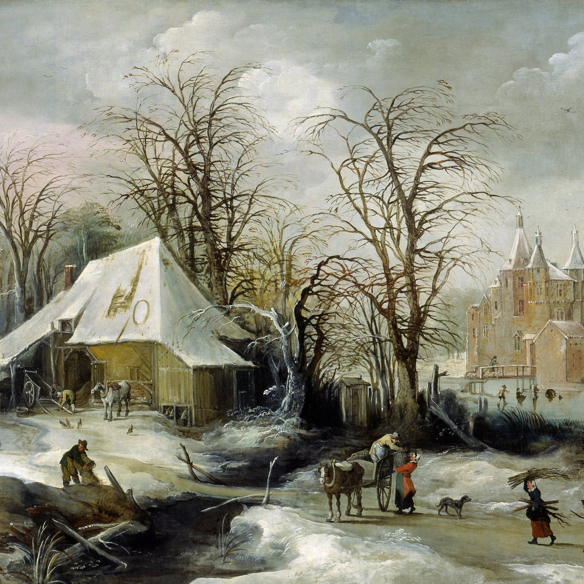Landscape Oil Painting - Snowy Farmstead and Castle in Winter - Oil Painting Haven