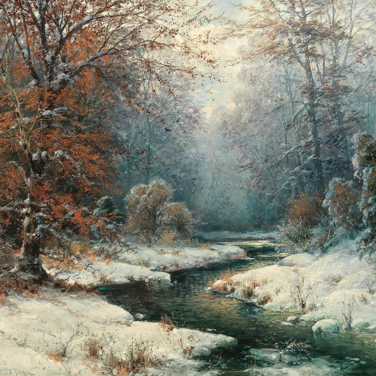 Landscape Oil Painting - Snowy Forest Stream with Red Leaves - Oil Painting Haven