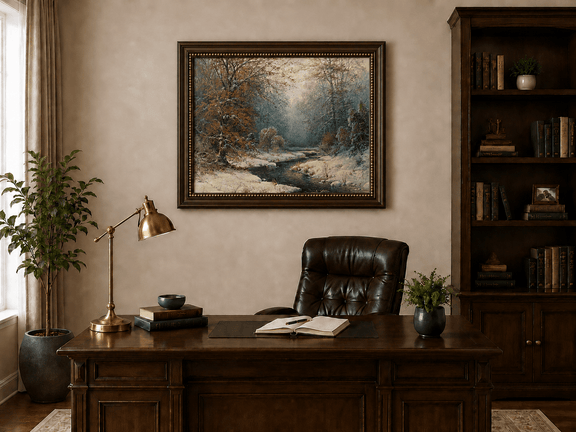 Snowy forest stream with red leaves landscape oil painting presented in a styled interior wall art mockup.