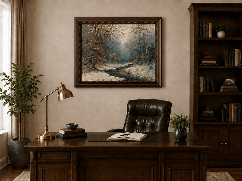 Snowy forest stream with red leaves landscape oil painting presented in a styled interior wall art mockup.
