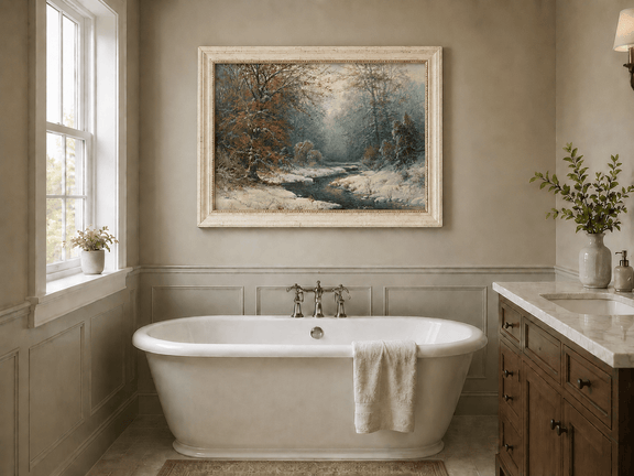 Snowy forest stream with red leaves landscape oil painting presented as home wall decor in an interior setting.
