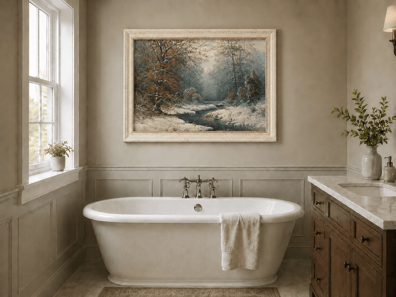 Snowy forest stream with red leaves landscape oil painting presented as home wall decor in an interior setting.