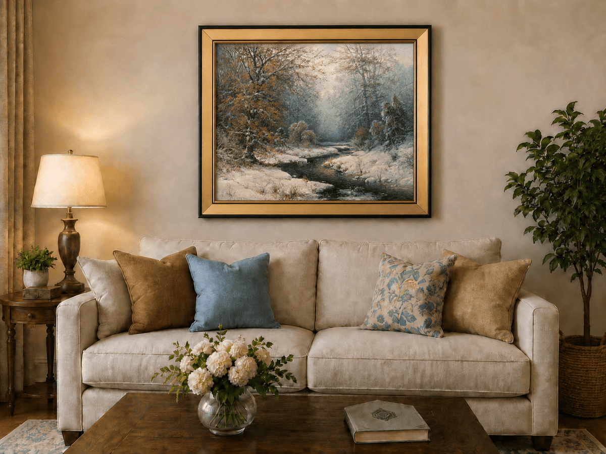 Snowy forest stream with red leaves landscape oil painting displayed in a styled home interior wall art setting.