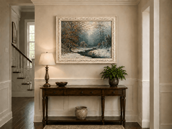 Snowy forest stream with red leaves hand-painted landscape oil artwork shown as wall decor in a home interior.