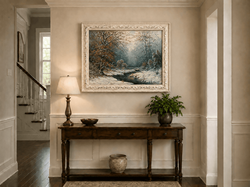 Snowy forest stream with red leaves hand-painted landscape oil artwork shown as wall decor in a home interior.