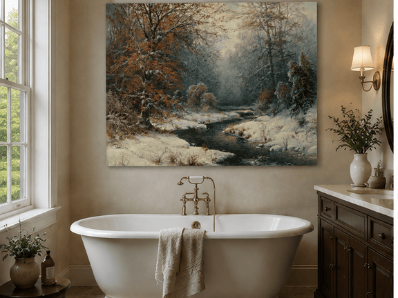 Snowy forest stream with red leaves landscape oil painting presented as home decor in a styled interior.