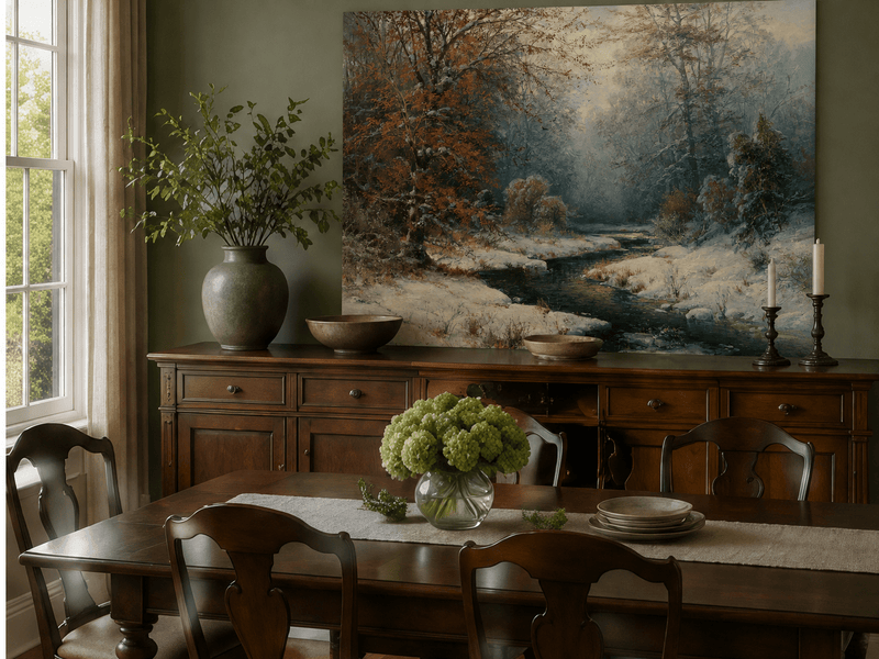 Hand-painted snowy forest stream with red leaves landscape artwork shown in an interior wall display.