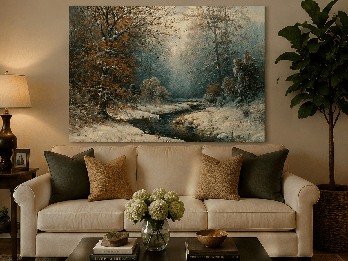 Snowy forest stream with red leaves hand-painted oil artwork displayed in a second styled interior wall art view.
