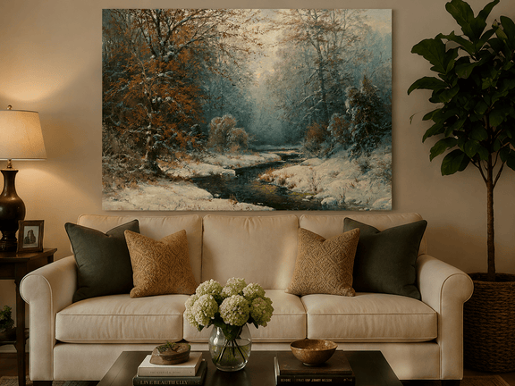 Snowy forest stream with red leaves hand-painted oil artwork displayed in a second styled interior wall art view.