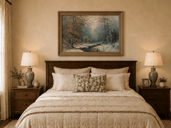Hand-painted snowy forest stream with red leaves landscape oil painting displayed as decorative wall art.