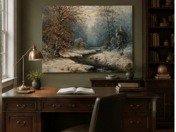 Interior wall art view featuring a hand-painted snowy forest stream with red leaves landscape oil painting.