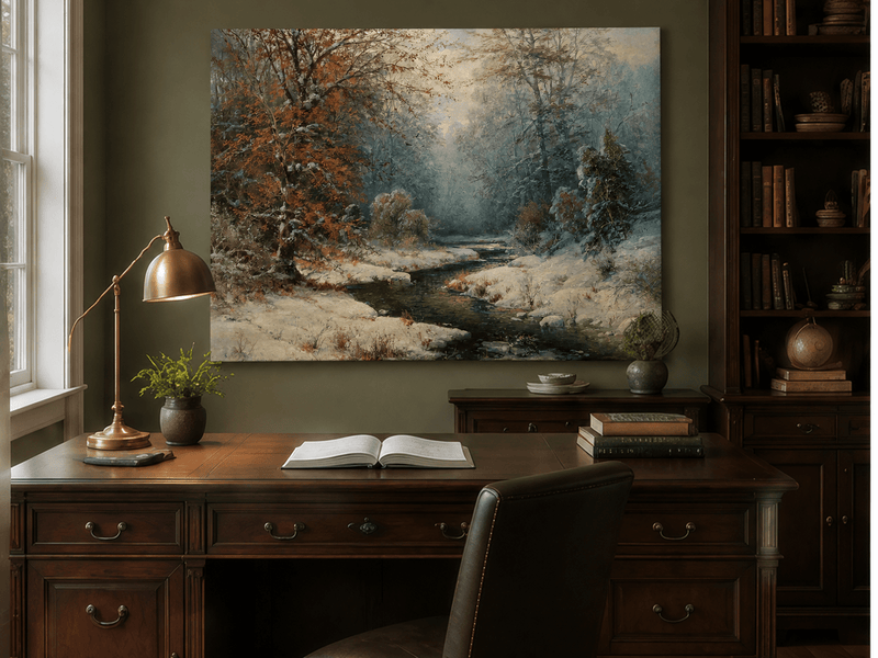 Interior wall art view featuring a hand-painted snowy forest stream with red leaves landscape oil painting.