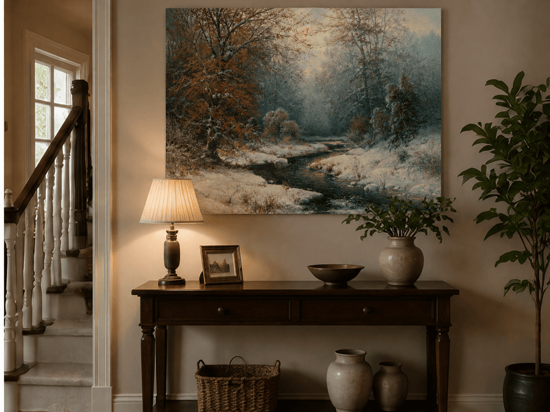 Snowy forest stream with red leaves landscape painting shown as decorative oil art in a home interior.