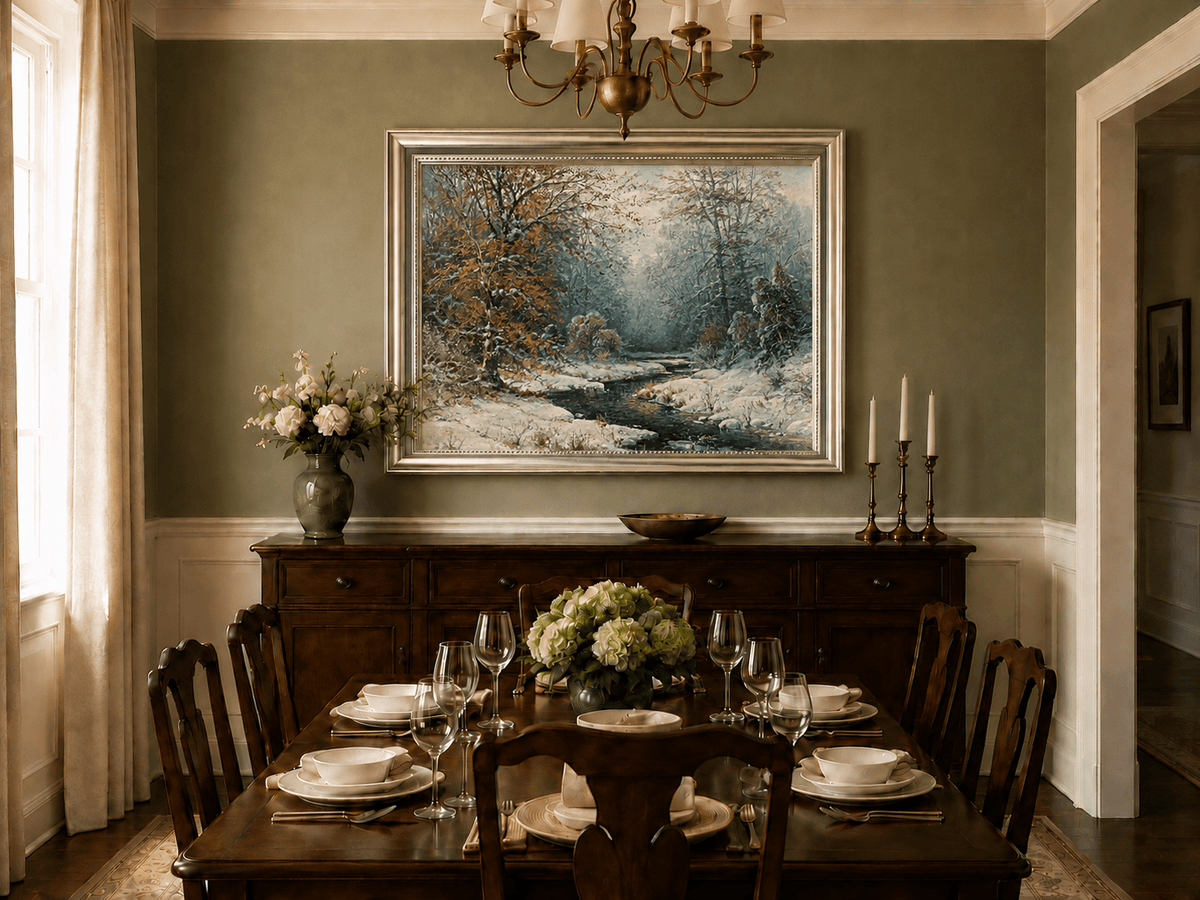Snowy forest stream with red leaves oil landscape artwork shown on a wall in a styled home interior.