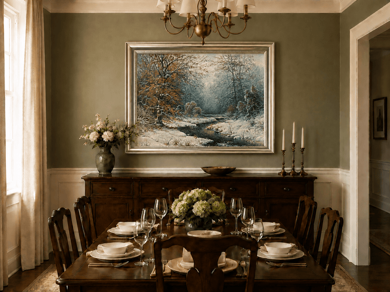 Snowy forest stream with red leaves oil landscape artwork shown on a wall in a styled home interior.