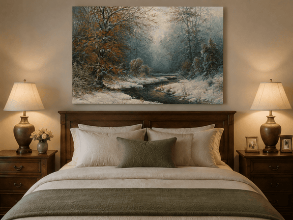 Snowy forest stream with red leaves oil painting displayed as landscape wall decor in a styled room.
