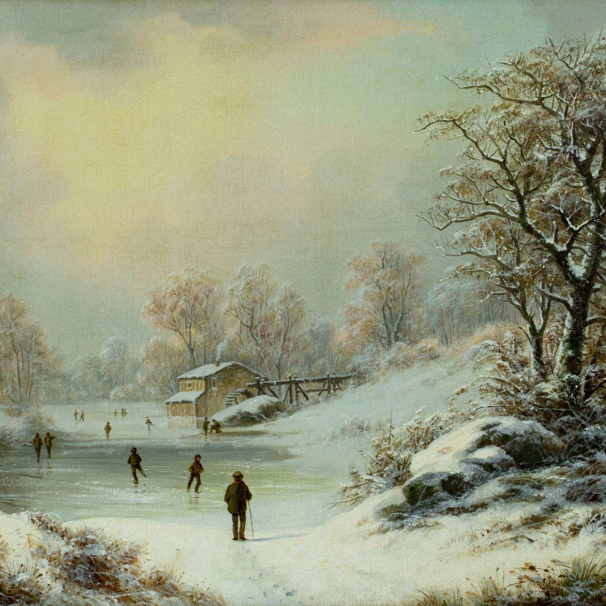Hand-painted snowy frozen lake with skaters landscape oil painting on canvas