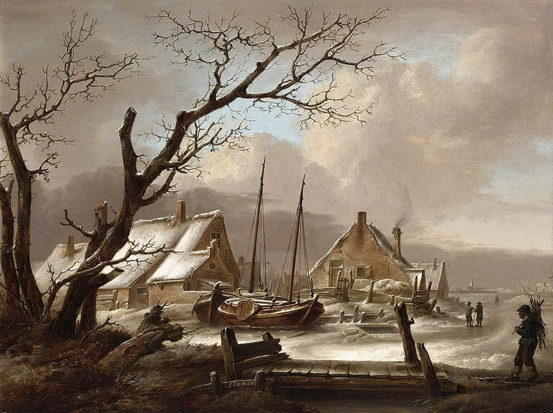 Hand-painted snowy harbor village with moored boats landscape oil painting on canvas