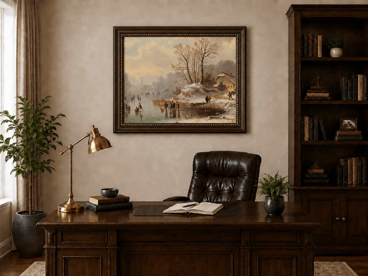 Landscape Oil Painting - Snowy Lakeside Cottage with Ice Skaters