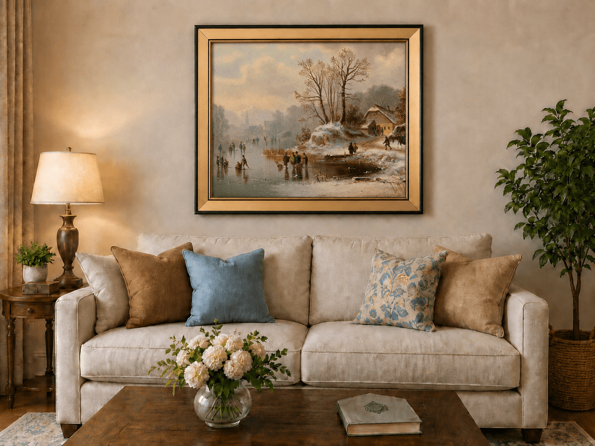 Landscape Oil Painting - Snowy Lakeside Cottage with Ice Skaters