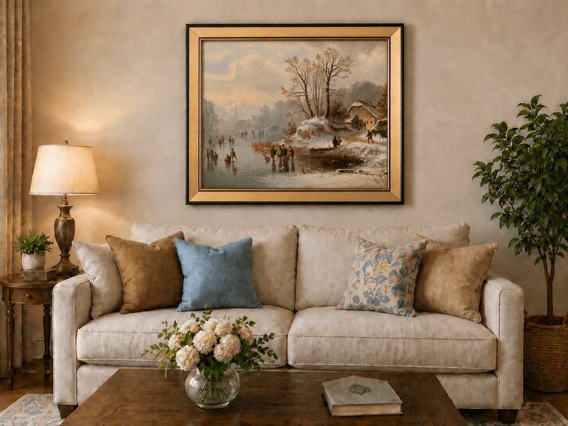 Landscape Oil Painting - Snowy Lakeside Cottage with Ice Skaters