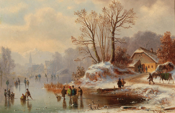 Hand-painted snowy lakeside cottage with ice skaters landscape oil painting on canvas