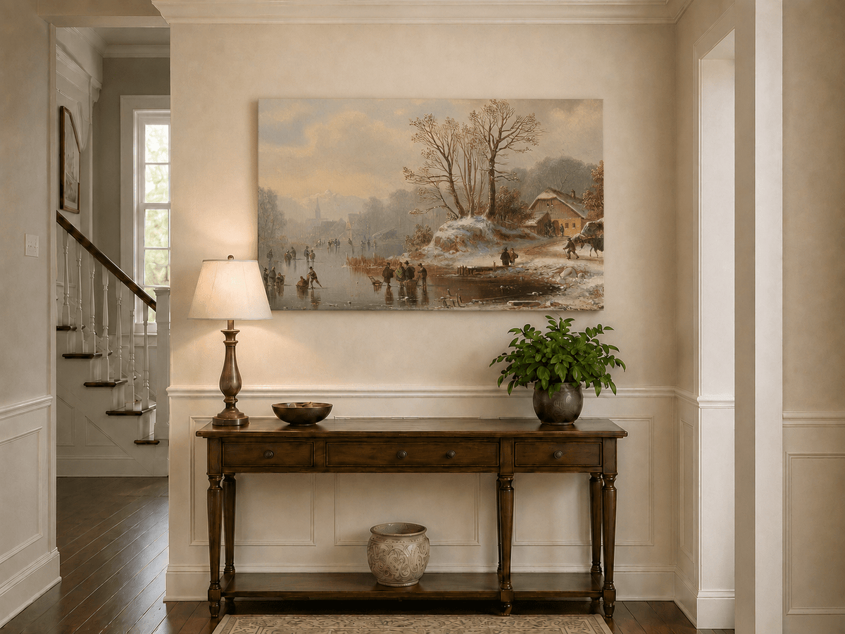 Landscape Oil Painting - Snowy Lakeside Cottage with Ice Skaters
