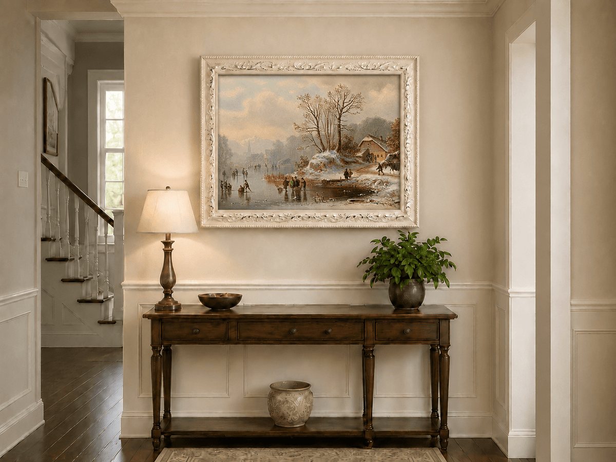 Landscape Oil Painting - Snowy Lakeside Cottage with Ice Skaters