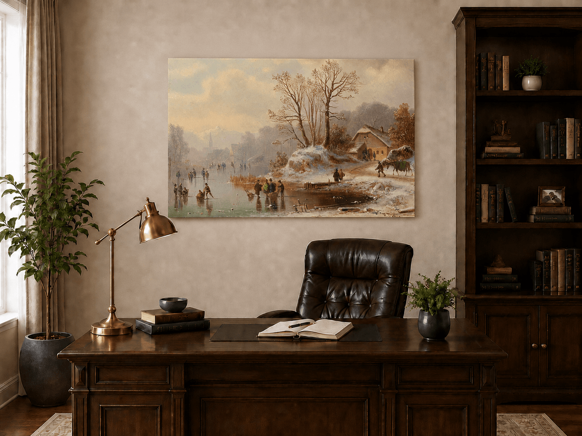 Landscape Oil Painting - Snowy Lakeside Cottage with Ice Skaters