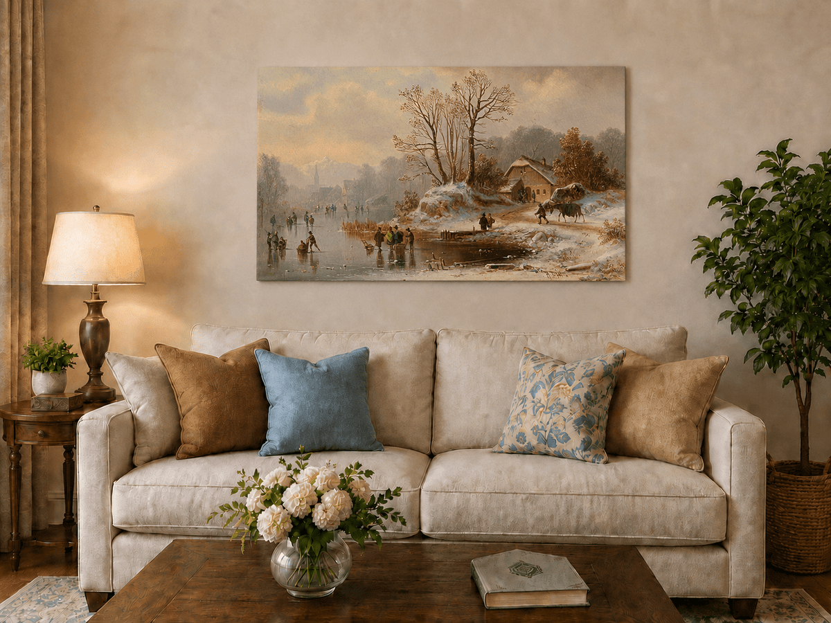 Landscape Oil Painting - Snowy Lakeside Cottage with Ice Skaters