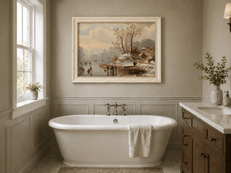 Landscape Oil Painting - Snowy Lakeside Cottage with Ice Skaters
