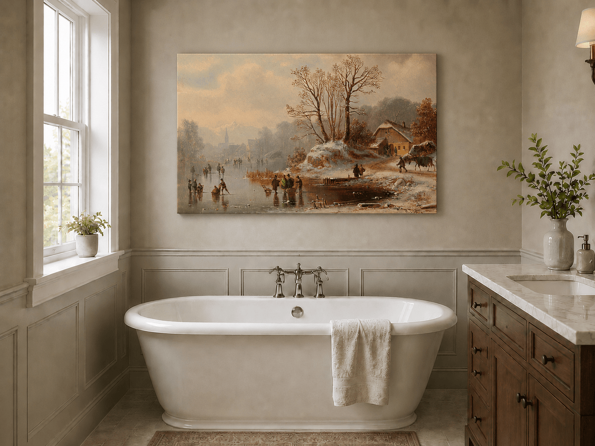 Landscape Oil Painting - Snowy Lakeside Cottage with Ice Skaters