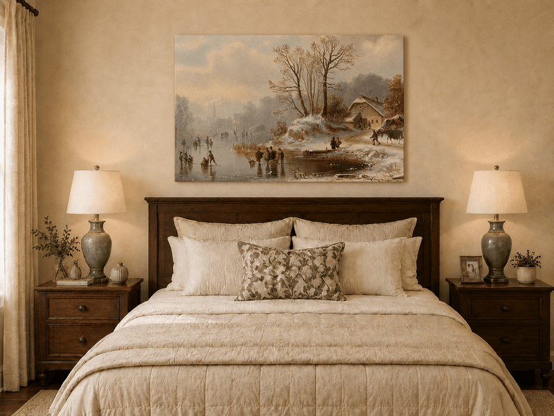 Landscape Oil Painting - Snowy Lakeside Cottage with Ice Skaters