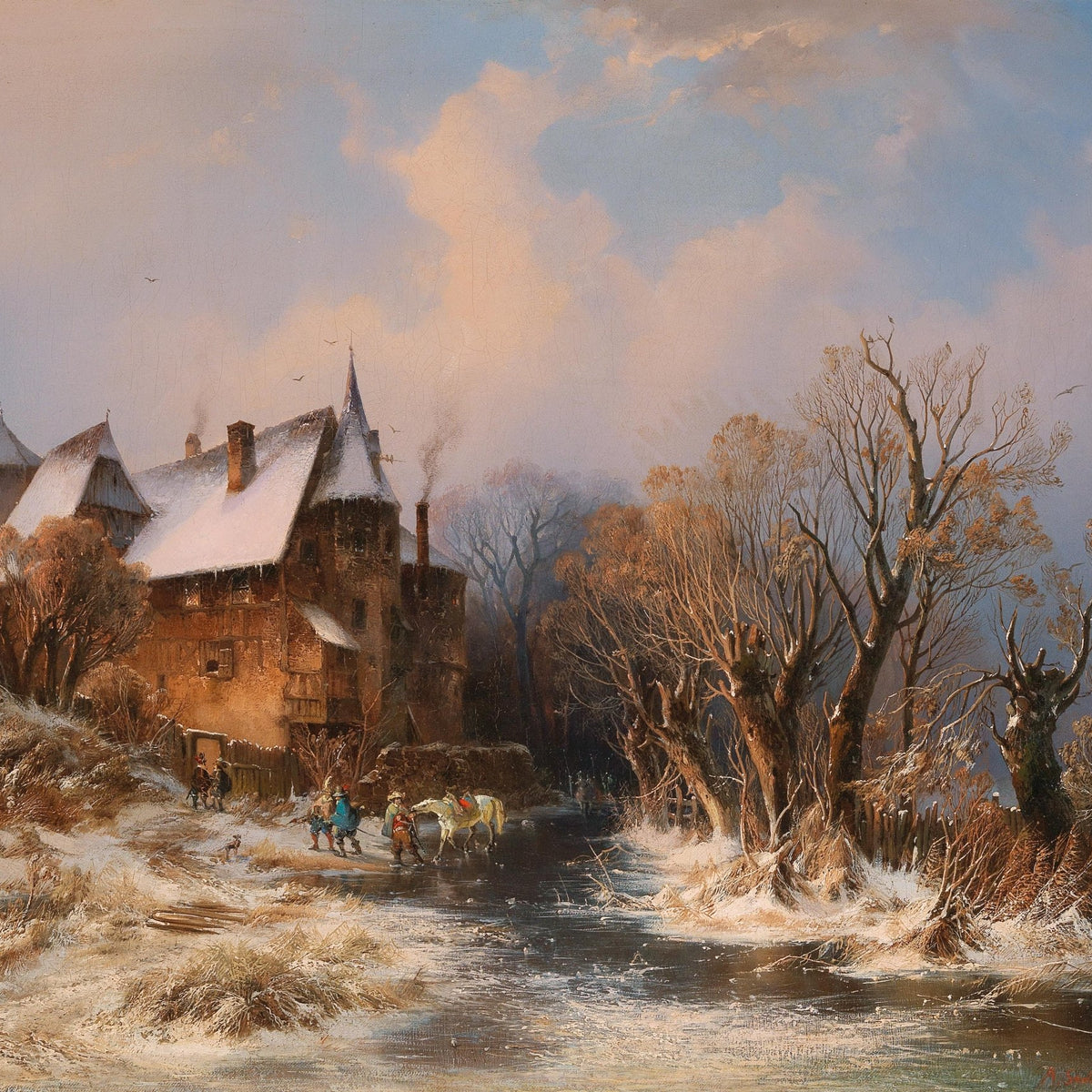 Hand-painted snowy manor by frozen stream at dusk landscape oil painting on canvas