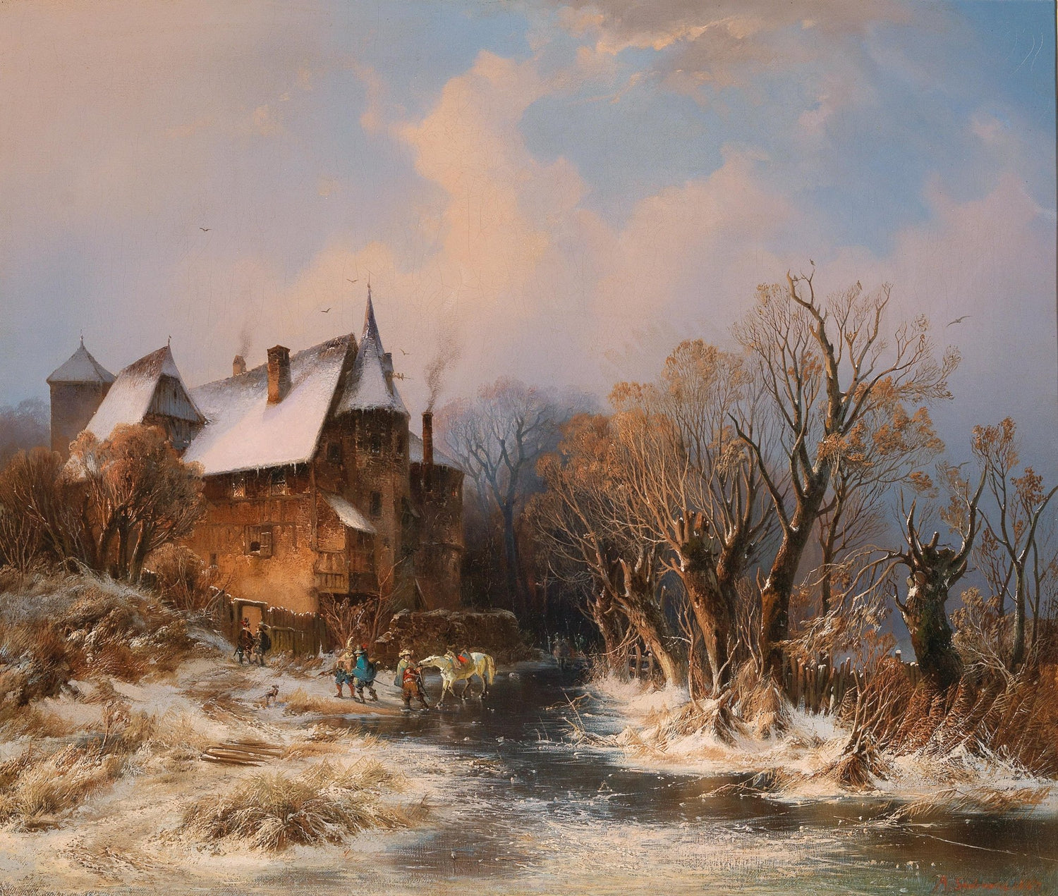 Hand-painted snowy manor by frozen stream at dusk landscape oil painting on canvas