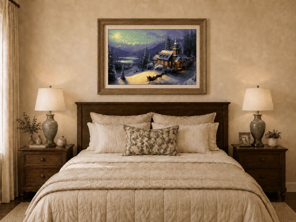 Peinture à l'huile de paysage - Chalet sous une église enneigée au clair de lune avec luge
