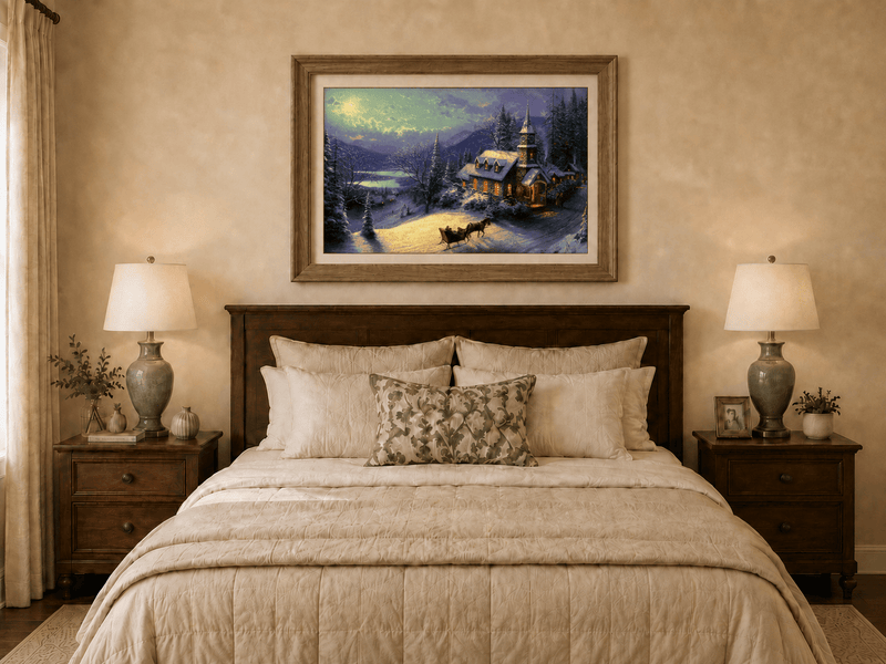 Peinture à l'huile de paysage - Chalet sous une église enneigée au clair de lune avec luge