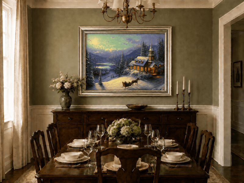 Peinture à l'huile de paysage - Chalet sous une église enneigée au clair de lune avec luge