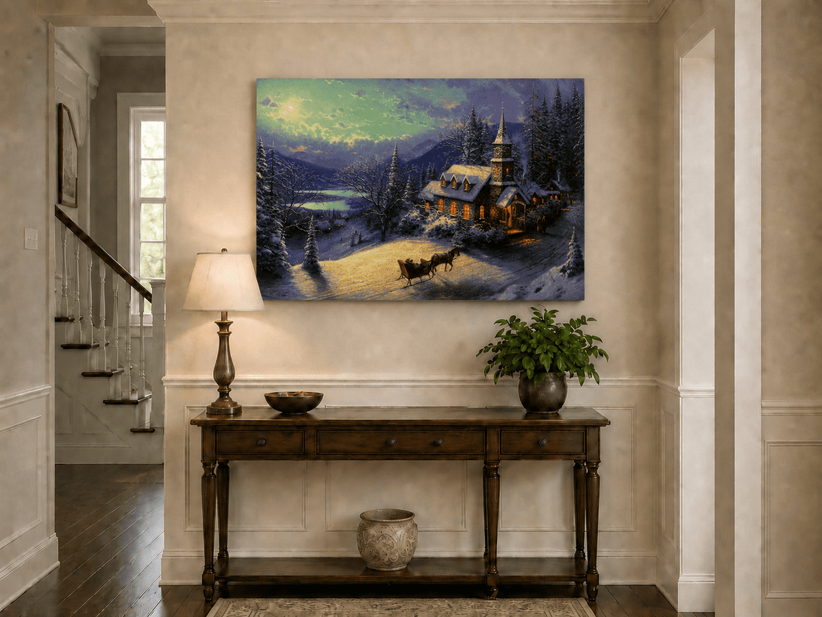 Peinture à l'huile de paysage - Chalet sous une église enneigée au clair de lune avec luge