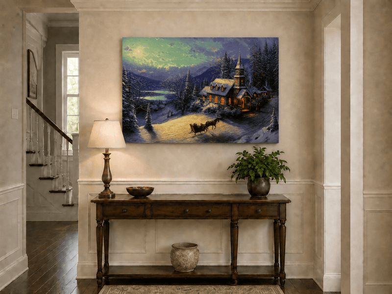 Peinture à l'huile de paysage - Chalet sous une église enneigée au clair de lune avec luge
