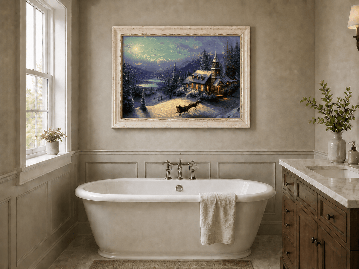 Peinture à l'huile de paysage - Chalet sous une église enneigée au clair de lune avec luge