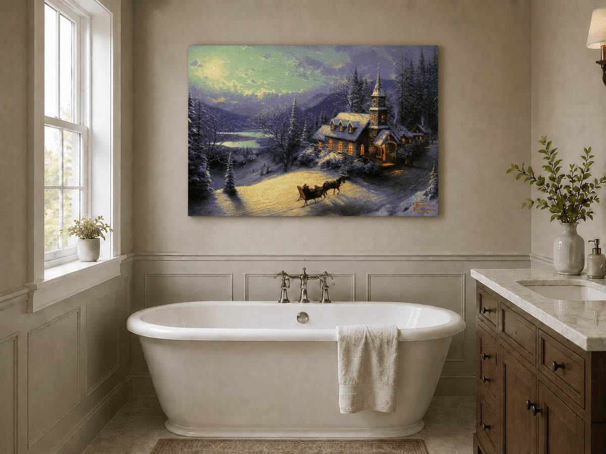 Peinture à l'huile de paysage - Chalet sous une église enneigée au clair de lune avec luge