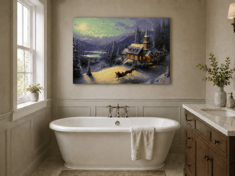 Peinture à l'huile de paysage - Chalet sous une église enneigée au clair de lune avec luge