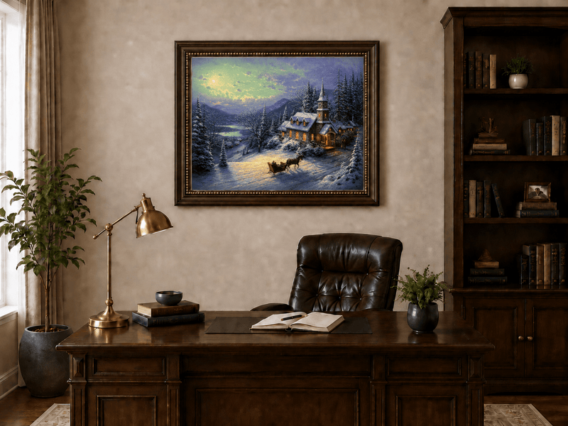 Peinture à l'huile de paysage - Chalet sous une église enneigée au clair de lune avec luge
