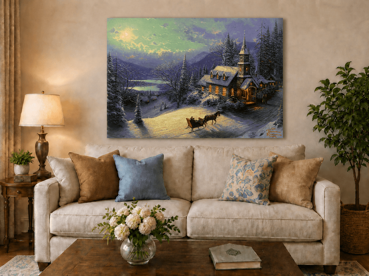 Peinture à l'huile de paysage - Chalet sous une église enneigée au clair de lune avec luge