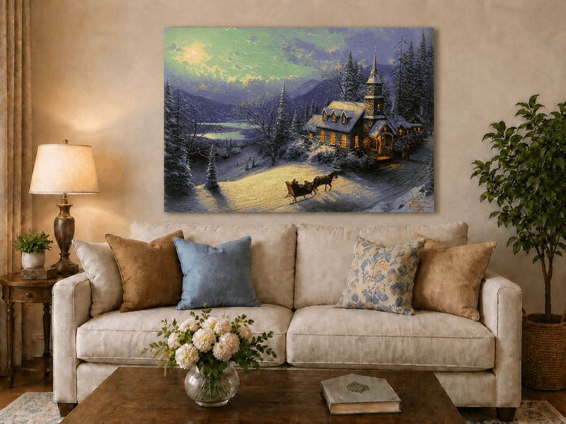 Peinture à l'huile de paysage - Chalet sous une église enneigée au clair de lune avec luge