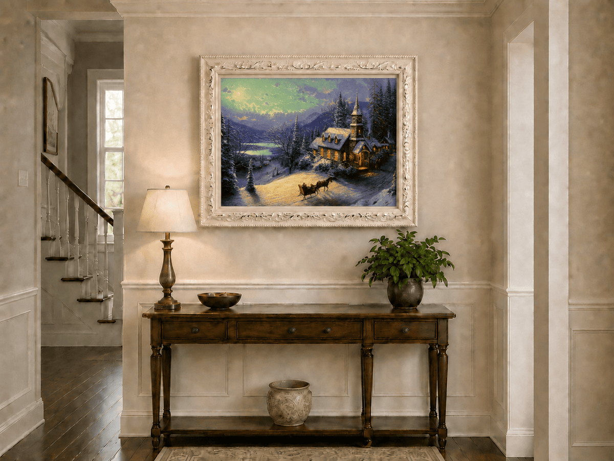 Peinture à l'huile de paysage - Chalet sous une église enneigée au clair de lune avec luge